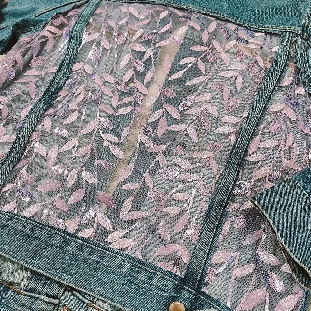 H&M DIY Purple Sequin Vines Lace Denim Jacket - Picture 2 of 2